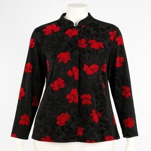 Rafael Top Floral Velvet Burnout Blouse Black Red‎ Mandarin Collar Womens Medium